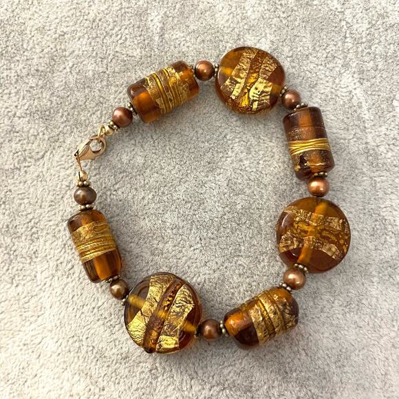 Hand Crafted Jewelry - hand crafted 8 inch bracelet brown gold glass beads pearls